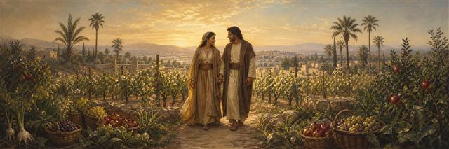 A couple walking together through a fruitful vineyard with palms and pomegranates